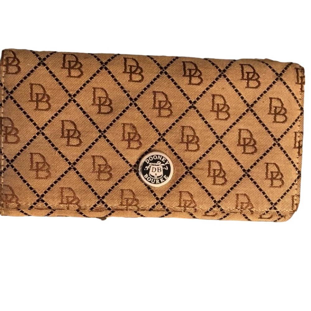 Dooney & Bourke  vintage tan & brown monogram wallet fits phone card slots